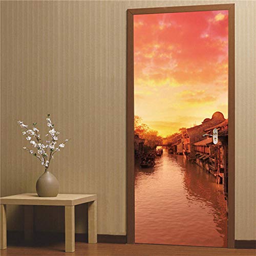 XXCCTT 3D Porte Stickers Muraux Poster Coucher De Soleil Ville Venise Belle (90 * 215Cm) PVC Auto-Adhésif Amovible Art Stickers pour Salon Chambre Décoration Papier Peint Autocollants Porte