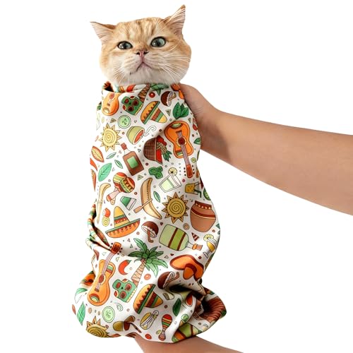Dvxoc 29.5 Cat Grooming Wrap cat wrap for Cutting Nails Self-Adhesive cat Swaddle wrap cat Restraint cat wrap Blanket for Medicine Nail Clipping Teeth Brushing White Guitar(Within 16lbs)