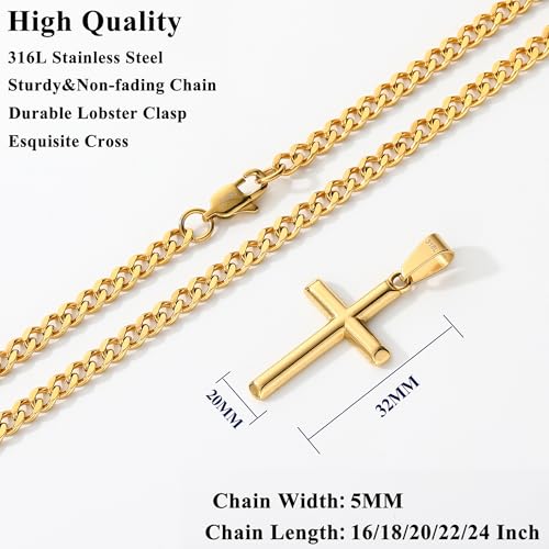 Avotto 316L Stainless Steel Cross Chain Necklace for Men Boys, Silver Gold Black Mens Boys Chain Necklaces 5mm Non-Fading Sturdy Cuban Chain with Cross Pendant Jewelry Gifts for Him 14-24inch4