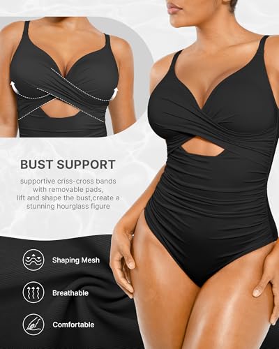 SHAPELLX Tummy Control Swimsuits Women V Neck One Piece Bathing Suit Ruched Push Up Slimming Swimwear Built-in Bra2