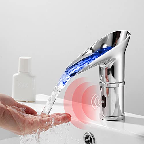 Rétro Mitigeur Lavabo Automatique à Infrarouge Eau Froide et Chaude Robinet Mitigeur Lavabo Cascade Led Changement de Couleur Robinet Automatique avec...