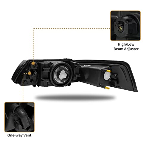As Headlight Assembly Replacement For 1999-2004 Ford Mustang Projector Headlamp With Black Housing Amber Reflector Clear Lens Driver And Passenger Side 3R3Z13008Ca/3R3Z13008Da (Lens Model) #TOP2