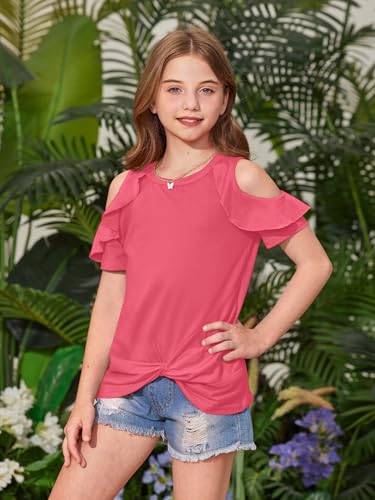 Image of BesserBay Girls Cold Shoulder Tops Twist Front Tunic Ruffle Sleeve Summer Blouses 5-14 Years