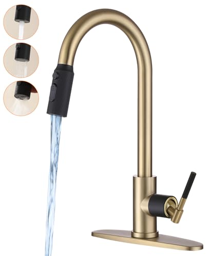 Image of Black and Gold Kitchen Faucet,Stainless Steel Faucet for Kitchen Sink with Pull Down Sprayer, Single Handle High Arc Gooseneck Sink Faucet for Bar RV, Fit for 1 /3 Hole Brushed Finish