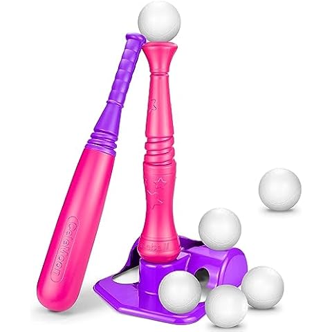 CeleMoon TBall Set for Toddlers 3-5, Baseball Softball Batting Tee Bat Toys Set, 6 Balls Included, for Kids Boys Girls Age 3-8 Years Indoor Outdoor Sport Playing Game, Pink Cover
