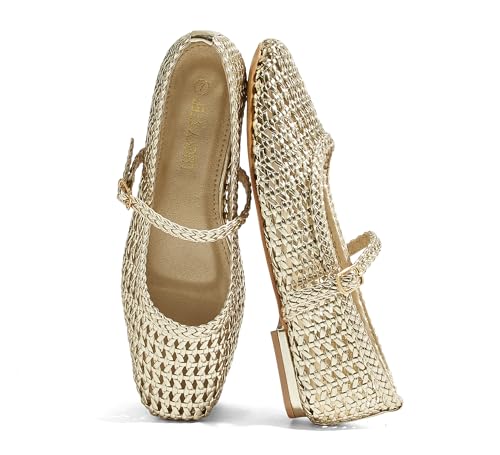 LUCKY STEP Womens Mesh Woven Ballet Flats - Comfortable Round Toe Buckle Strap Mary Jane Flat - Causal Breathable Ballerina Shoes(7 US Gold)