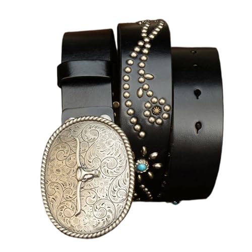 Western Cowboy Cowgirl Belt, Longhorn Bull Buckle Belt Turquoise Studded Leather Belt for Jeans Pants Dresses