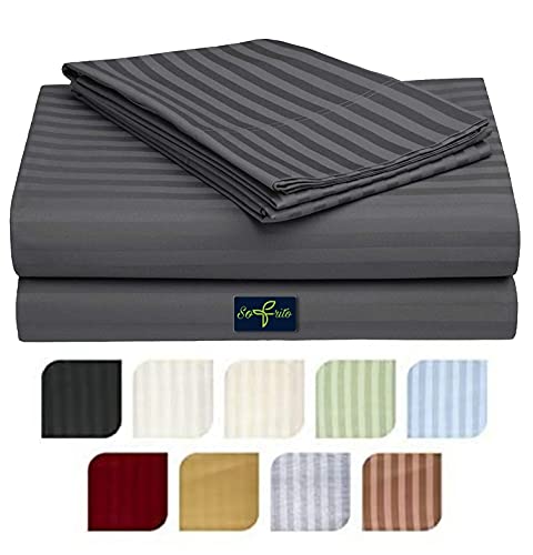Image of Sofrito Bed Sheet Glace Cotton Striped - 300 TC - King (100 inchx108 inch) - with 2 Pillow Cover | Ideal for Hospitals, Clinics, Hostels, PGs, Hotels & Guest Houses | Steel Grey