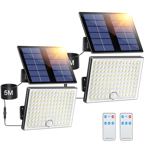 Giliwosy Faretto Led da Esterno Solare con Sensore di Movimento, Luce Solare Led Esterno con Telecomando 113 LED 2000mAh 4 Modes IP65 Impermeabile, Luci Solari da Giardino con 5M Cavo, 2 Pezzi