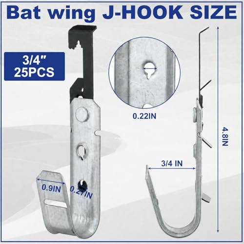 Image of Zonon 25 Pcs Metal J Hooks Cable Support J Hook Hangers with Bat Wing Heavy Duty G60 Galvanized Steel Cable Hooks for Hanging Attaching Ceiling Wire Threaded Rod, UL Listed (3 /4 Inch)