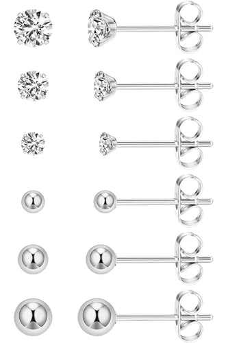 6 Pairs Extra Long Post Earrings Lightweight Small 316L Stainless Steel Stud Earrings for Women Hypoallergenic Cubic Zirconia Ball Ear Piercing Studs for Sensitive Ears