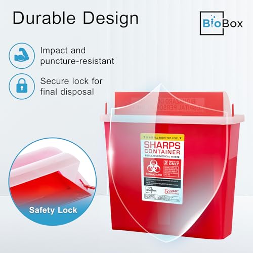 Image of Sharps Container - Large Sharps Containers for Home Use, Needle Disposal | 5 Quart (Pack of 1), Wall Mount, Puncture-Resistant, Dual Locking Lid, Fits Needles & Syringes