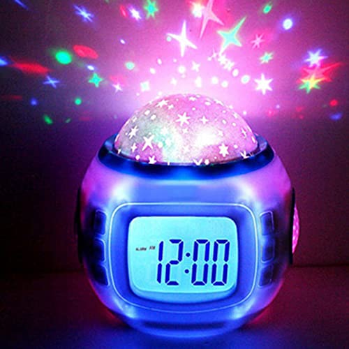 Keyohome Proyector de estrellas LED con luz nocturna estrellada con reloj despertador LED, lámpara de proyector a pilas con música para dormitorio, cine en casa, niña y niño