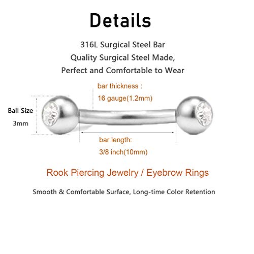 MODRSA Rook Piercing Jewelry Rook Earrings for Women Eyebrow Rings Surgical Steel Vertical Labret Jewelry 16g 14g Curved Barbell Snug Daith Surface Tragus Piercing Jewelry Silver Gold4