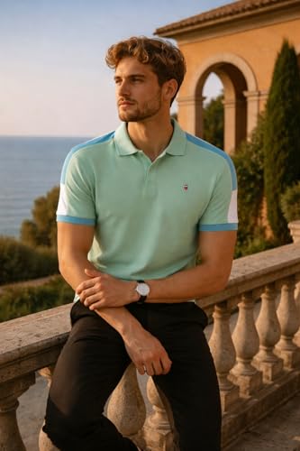 Image of Louis Philippe Men's Slim Fit Premium High-End Pique in Superior Cotton Cut & Sew Design Color Block Shoulder Half Sleeve Polo Tshirt