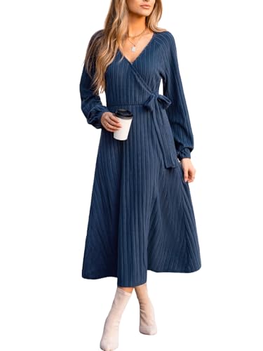 CUPSHE Vestido de mujer con cuello en V, manga larga, vestido informal con cinturón, punto acanalado, elegante, vestido midi para otoño, azul marino, L