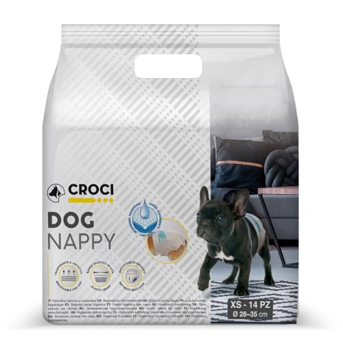 Croci Dog Nappy - Mutanda Assorbente per cani femmine, taglia XS - Ø 28-35 cm, Pannolino igienico ciclo e pipi cane, Antiodore, Usa e getta, Chiusura adesiva regolabile, 14 pz