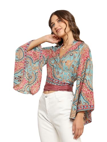 Image of KE KANHA EXPORTS Wrap Top for Women|Backless Tops for Women| Multiway Tie Up V Neck Bell Sleeves Chinese Collar|Multicolor|Easily fits S-M-L|Bust32-38in|Length18in|Boho Beach