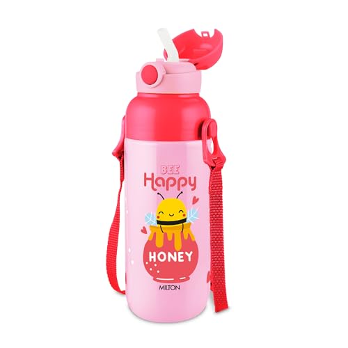 Image of Milton Steel Indus 600 Thermoware PU Insulated, 500 ml Water Bottle with Straw for Kids, Leak Proof Flip Top Sipper Lid Bottle, School, Picnic, Easy to Carry Belt, Pink