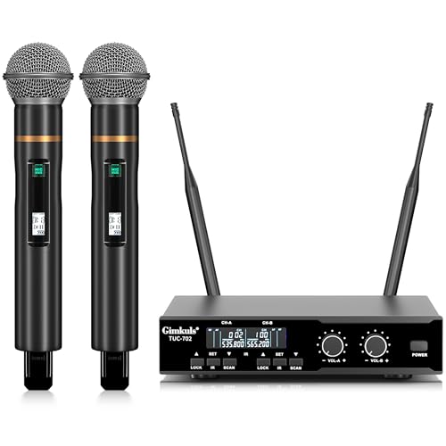 Gimkuls Wireless Professional Microphone System, Cordless Handheld Dynamic Mic, Dual UHF 200-Channel, Metal Microphones 328ft Long Range for Karaoke, Church, DJ, Wedding, Singing