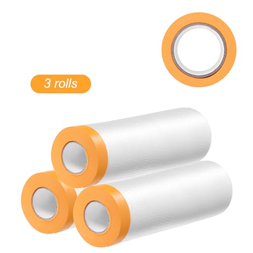 Image of HARFINGTON 3 Rolls Pre-Taped Masking Film 43.3 inch x65.6ft Tape and Drape Painters Plastic Drop Cloth Film with Tape Plastic Sheeting for Automotive Painting Covering