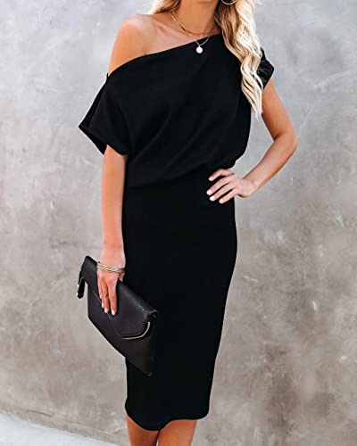 Cupshe Midi Dress Short Sleeve Off Shoulder Underneath Party Dress For Women S Black #TOP3