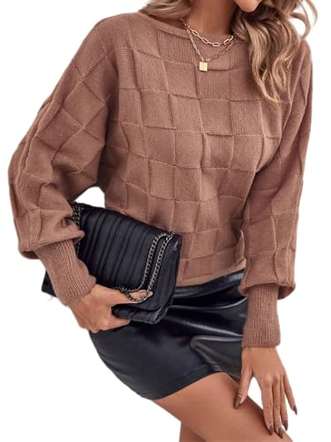 SISKIN Womens Sweaters Pullover,Womens Casual Long Batwing Sleeve Sweater,Knit Checkered Sweater for Women,Crew Neck Sweaters