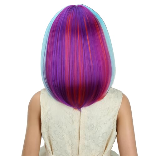 Image of PATTNIUM Colorful Bob Wig Short Rainbow Straight Wig with Bangs Cosplay Party Synthetic Rose Net Daily Wear Wig