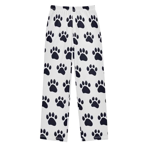 ALAZA Black Dog Paw Print White Pajama Pants Long Sleep Pant Pajama Bottoms Elastic Waist with Pockets
