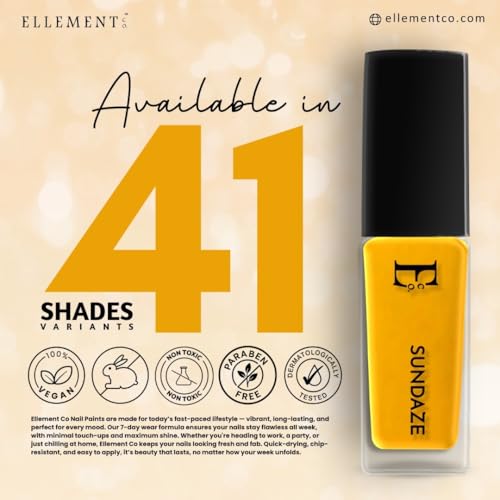Image of Ellement Co Sundaze Nail Polish 10 ml in vibrant sunshine yellow shade offers high gloss salon finish | smooth streak free application, quick drying formula | and long lasting chip resistant wear| perfect for summer looks, vacations, beach days, casual outfits, and cheerful everyday nail styling.