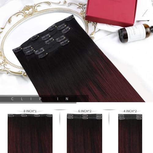 Moresoo Clip in Hair Extensions Real Human Hair Off Black Root Ombre Wine Red Clip in Hair Extensions Remy Straight Balayage Burgundy 10 Inch 5 Pieces/80g #1B/99J - Image 3