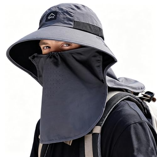 Image of Rosoz Outdoor Sun Hat for Men Women, UPF50+ Protection Safari Cap Wide Brim Mesh Fishing Hat with Neck Flap Beach Garden