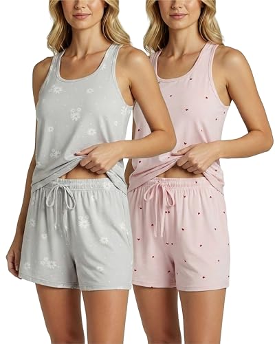 Image of Real Essentials 4 Piece: Women's Super-Soft Tank Top and Short Pajama Set - Loungewear Sleepwear (Available in Plus Size)