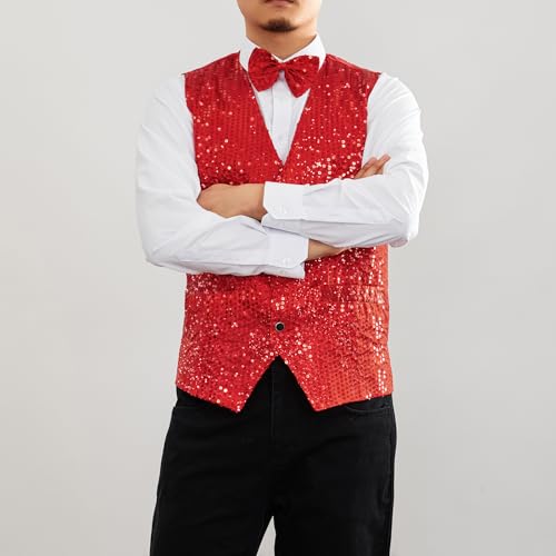 Mens Sequin Vests Dress Suit Vest Casual Shiny Waistcoat Bowtie Set with Pockets for Party Tuxedo Prom Wedding4