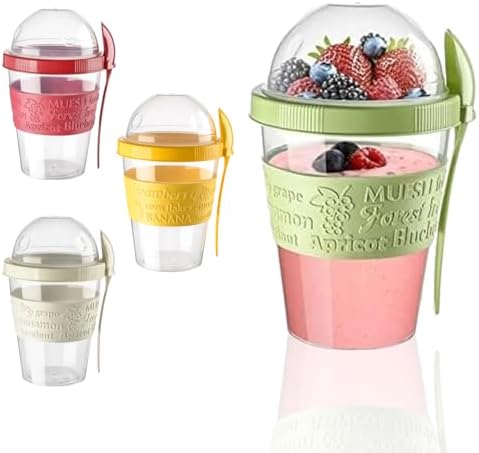 4-Pack Yogurt Parfait Cups with Lids and Spoons, Reusable Yogurt Containers for On-the-Go, Portable Yogurt Cups with Topping Storage, Ideal for Oatmeal and Breakfast Prep (Large 20 oz)