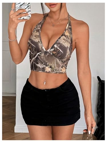 OYOANGLE Women's Camo Print Halter Camisoles Deep V Neck Backless Y2K Fitted Crop Tops4