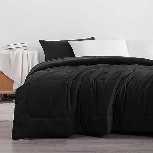 Image of NTBAY Queen Down Alternative Comforter, 90 x 90, Black | Soft Microfiber Comforter with Box Stitching and 4 Corner Tabs, Lightweight Down-alternative Fill, 1 Comforter Only