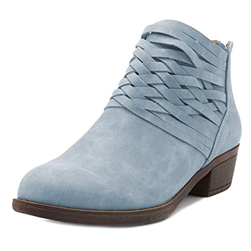 YDN Women Vintage Round Toe Strappy Low Stacked Chunky Heel Ankle Boots Back Zipper Booties With Criss Cross Wraparounds Office Casual Dress Shoes