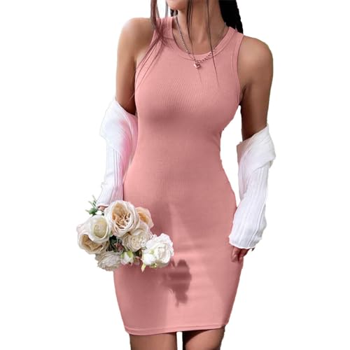 Image of Solid Sleeveless Round Neck Ribbed Western Bodycon Dress For Women