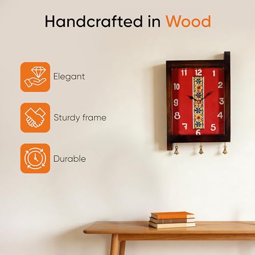 Image of AAKRITI ART CREATIONS Timeless Treasures Wall Clock Brown | Wall Clock for Home, Home Decoration | Floral Art Wall Hanging Wall Clock, Lightweight Teak Wood wall Decor | Glossy Finish