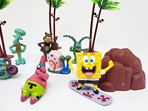 Spongebob Squarepants 2" Figure Play Set Of 14 Featuring Squidward, Sandy Cheeks, Patrick Star, Mr. Krabs, Plankten With Palm Trees, Treasure Chest And More #TOP7