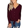 IWOLLENCE-Womens-Waffle-Knit-Tunic-Blouse-Tie-Knot-Henley-Tops-Loose-Fitting-Bat-Wing-Plain-Shirts IWOLLENCE Womens Loose Henley Blouse Bat Wing Long Sleeve Button Down T Shirts Tie Front Knot Tops Wine Red Large