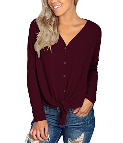 IWOLLENCE Womens Loose Henley Blouse Bat Wing Long Sleeve Button Down T Shirts Tie Front Knot Tops Wine Red X-Large