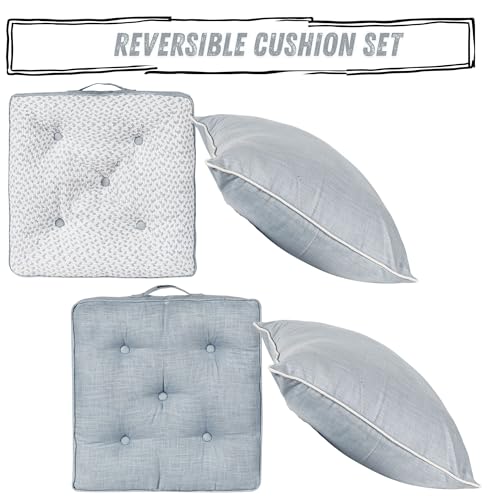 Image of Grey Woven Quilted Floor Cushion Set 60x60x10 CM with Fillers & Back Cushion, Large Size for Seating, Patio Seat, Meditation, Yoga, Pooja, Guests, Living 24x24x4 Inch