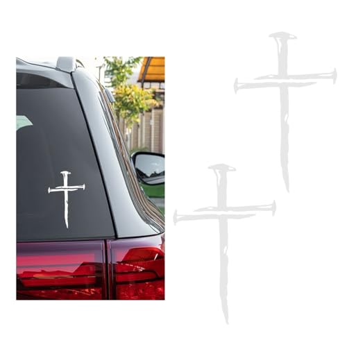 Image of DXNQ 2PCS Car Cross of Nails Sticker, Bumper Christian Sign Cross with Nails Decal, Removable Waterproof Sticker for Car Truck Window Motorcycle Helmet Laptop, Car Accessories (White)