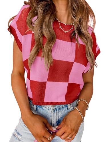 Image of Saodimallsu Womens Cap Sleeve Crop Tops Summer Color Block Going Out Crew Neck Knit Trendy Casual Sweater