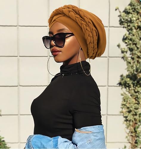 Image of DRESHOW African Women Turban Caps Cotton Beanie Twist Headscarf Pre-Tied Double Twisted Braids Wrap Hat Chemo Cancer Cap