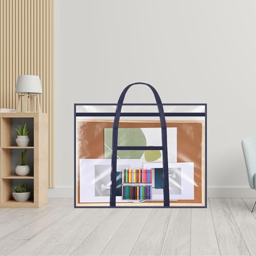 Image of Huhumy Large Art Portfolio Case 48 inch x 36 inch Poster Storage Bag Bulletin Board Holder Container PVC Folder with Zipper Handles Pocket for Teachers Artist Artwork Organization (Blue,Clear)
