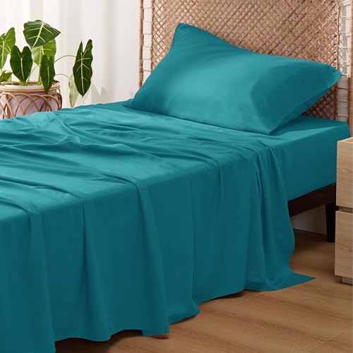 Image of Bedsure Cooling Sheets Twin, Rayon Derived from Bamboo, PureWoven, Breathable & Soft Twin Sheets Set, Deep Pocket Up to 16 Inches, Hotel Luxury Silky Bedding for Hot Sleepers, Turquoise