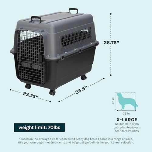 Image of SportPet Airline Compliant X-LARGE 35.5 inch Travel Dog Kennel-Durable Plastic Airline Pet Carrier w /Removable Wheels & Food Bowls, Collapsible Indoor /Outdoor Dog Kennel, Dogs up to 32 inchL & 23 inchH-Dark Gray